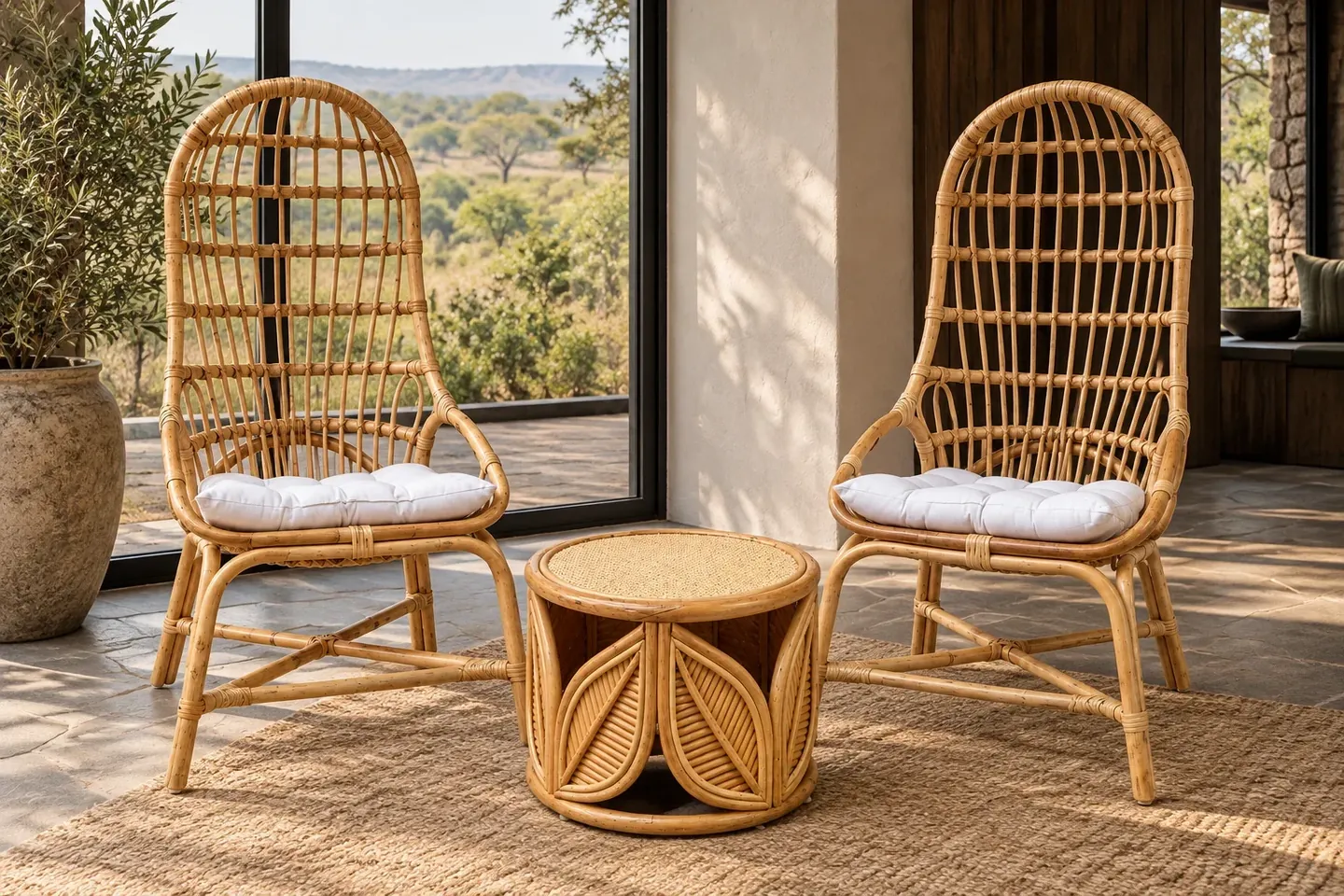 Arch Lounge Set chairs facing a wide country view
