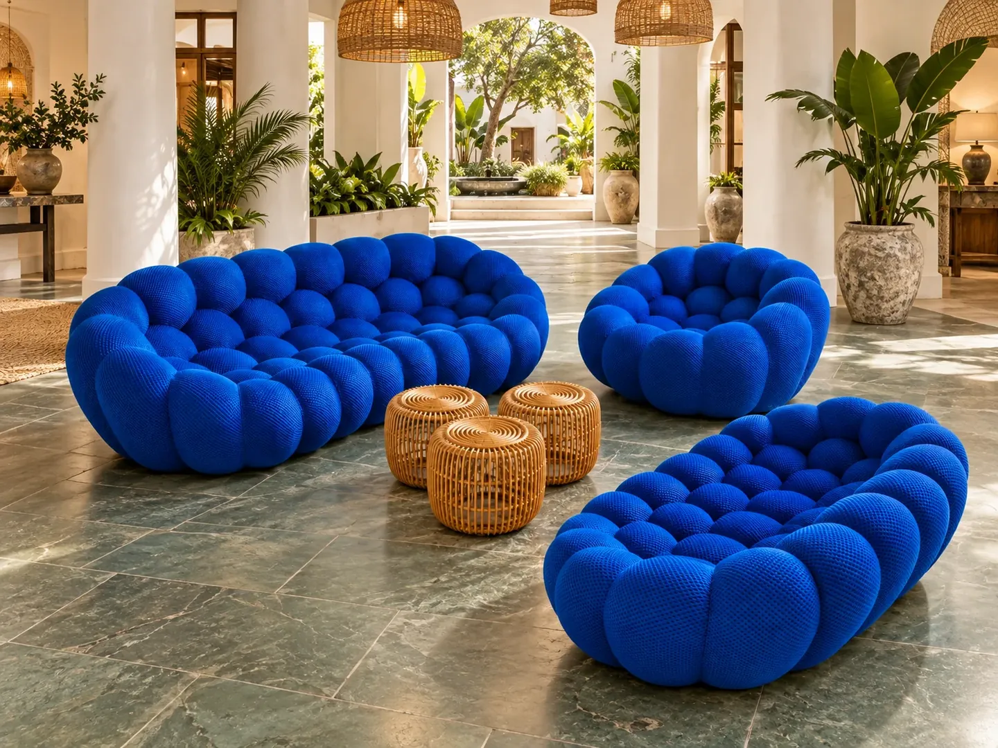 Blue Bubble Luxe Sofa Set in a sunlit courtyard