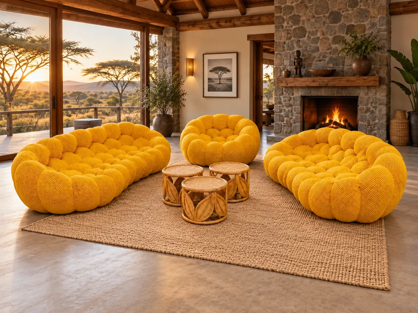 Yellow Bubble Luxe Sofa Set in a lodge lounge at sunset